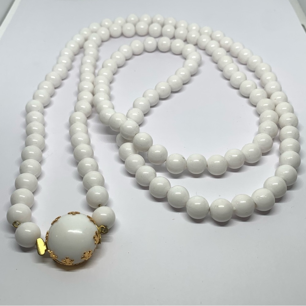 Vintage long White acrylic Beaded Necklace Made in Austria